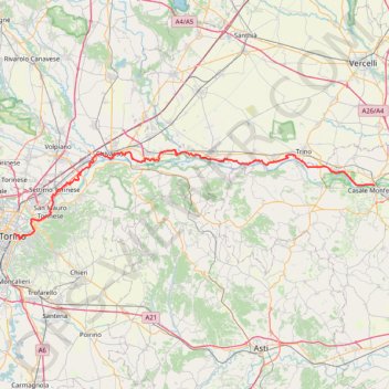 Trace GPS Torino-Casale, itinéraire, parcours