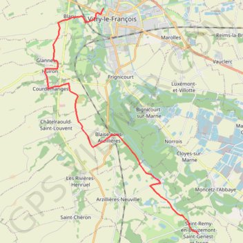 Trace GPS Chemin de Compostelle, Voie de Vézelay GR654 De Vitry-le-François à Saint-Rémy-en-Bouzemont, itinéraire, parcours