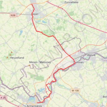 Trace GPS Armentières-Ypres, itinéraire, parcours