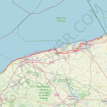 Trace GPS GR120 Randonnée de Bray-Dunes à Wissant (Pas-de-Calais), itinéraire, parcours