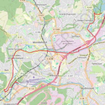 Trace GPS Courcelles-Brognard via les pistes cyclable, itinéraire, parcours