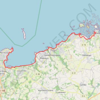 Trace GPS Sentier littoral de Buguélès à Perros-Guirec, itinéraire, parcours