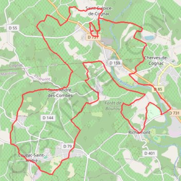 Trace GPS St Sulpice Louzac Cherves 33 kms, itinéraire, parcours