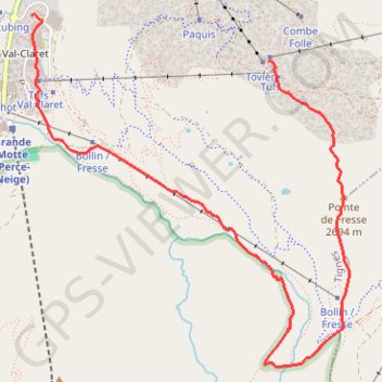 Trace GPS Descente depuis l'aérogare d'arrivée de Tovière jusqu'à Tignes-Val Claret, itinéraire, parcours
