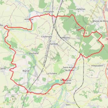 Trace GPS Montignac Charente par Genac 47 kms, itinéraire, parcours