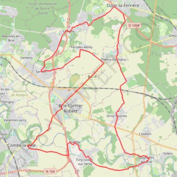Trace GPS La Brie autour des villes de Brie-Comte-Robert, de Lesigny et de Combs-la-Ville, itinéraire, parcours