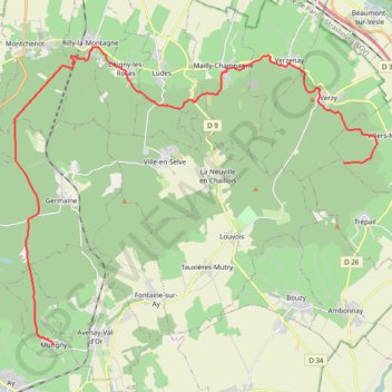 Trace GPS GR 141 : De la forêt domaniale de Verzy à Mutigny (Marne), itinéraire, parcours