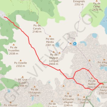 Trace GPS Pics d'Étang Faury et d'Esquine d'Ase depuis Mérens, itinéraire, parcours