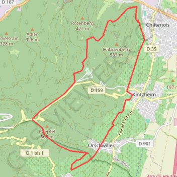Trace GPS D'Orschwiller à Châtenois par le chemin de Compostelle et le GR®5 001 1 à D'Orschwiller à Châtenois par le chemin de Compostelle et le GR®5 001 50 1, itinéraire, parcours