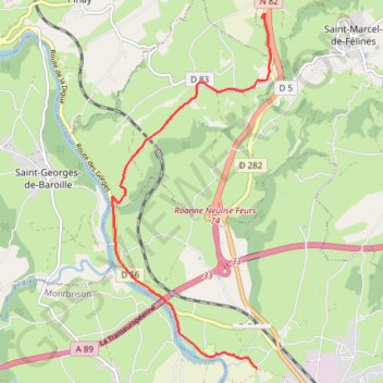 Trace GPS Itinéraire de Balbigny, 42510 Balbigny, France à 1447 Rte de Roanne, 42122 Saint-Marcel-de-Félines, France, itinéraire, parcours
