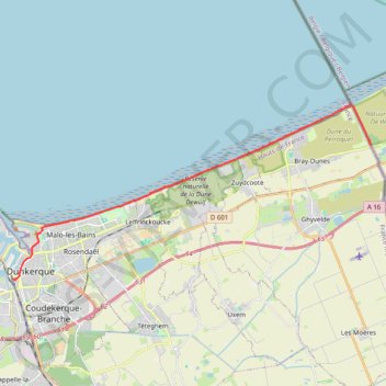 Trace GPS De la frontière franco-belge à Dunkerque, itinéraire, parcours