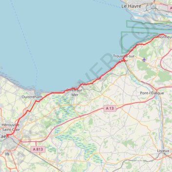 Trace GPS Honfleur-Caen par la route, itinéraire, parcours