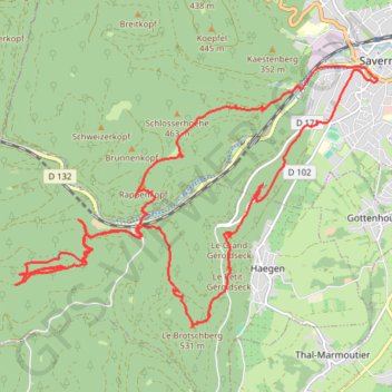 Trace GPS Saverne, Greifenstein, Wasserwald, Brotschberg, Geroldseck, Haut-Barr, itinéraire, parcours