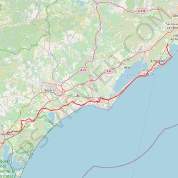 Trace GPS Itinéraire de Narbonne à Mireval, itinéraire, parcours