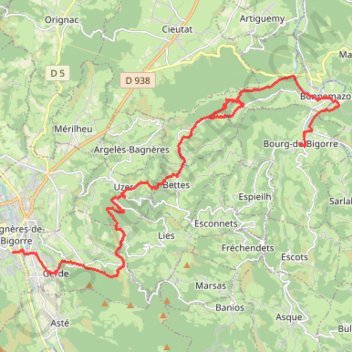 Trace GPS Chemin du Piemont de Bourg de Bigorre à Bagnères de Bigorre, itinéraire, parcours