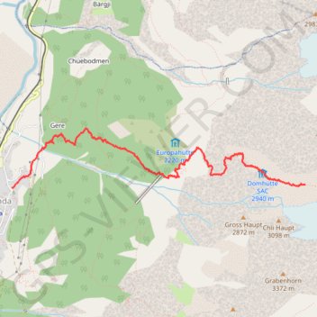 Trace GPS Montée au bivouac de la Domhütte, itinéraire, parcours