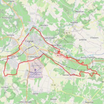 Trace GPS Cognac vers Mainxe 44 kms, itinéraire, parcours
