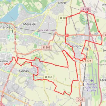Trace GPS Pusignan au départ de Chassieu, itinéraire, parcours