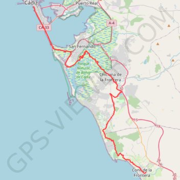 Trace GPS 01: Cadix et son réseau cyclable en bord de mer – Conil de la Frontera (DEVELOPED), itinéraire, parcours
