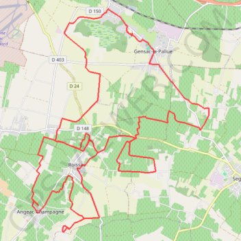 Trace GPS Gensac vers Angeac Champagne 36 kms, itinéraire, parcours