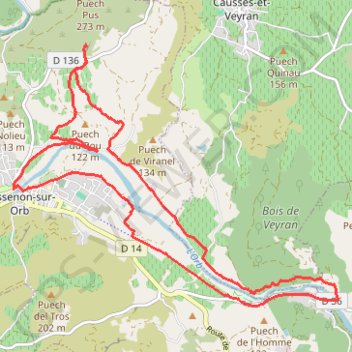 Trace GPS CESSENON , carrière de marbre de Coumiac, l'Orb, vieux moulin- 17km- 240m (Sabine 14 02 21), itinéraire, parcours
