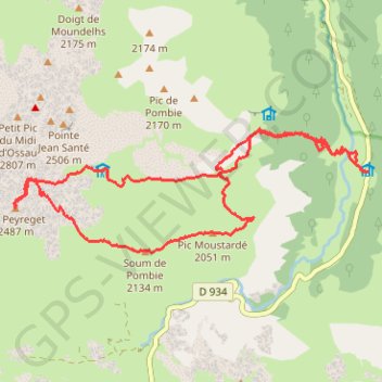 Trace GPS Crête de Moustardé, Soum de Pombie, pic Peyreget depuis Soques (crampons), itinéraire, parcours