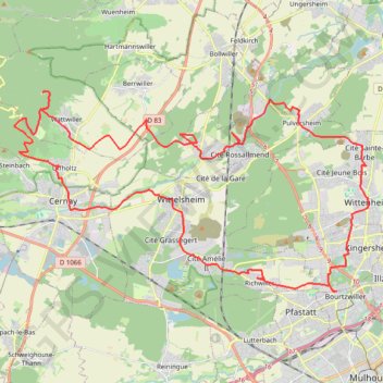 Trace GPS Mulhouse - Uffoltz - Hirtz - Staffelfelden - Mulhouse, itinéraire, parcours